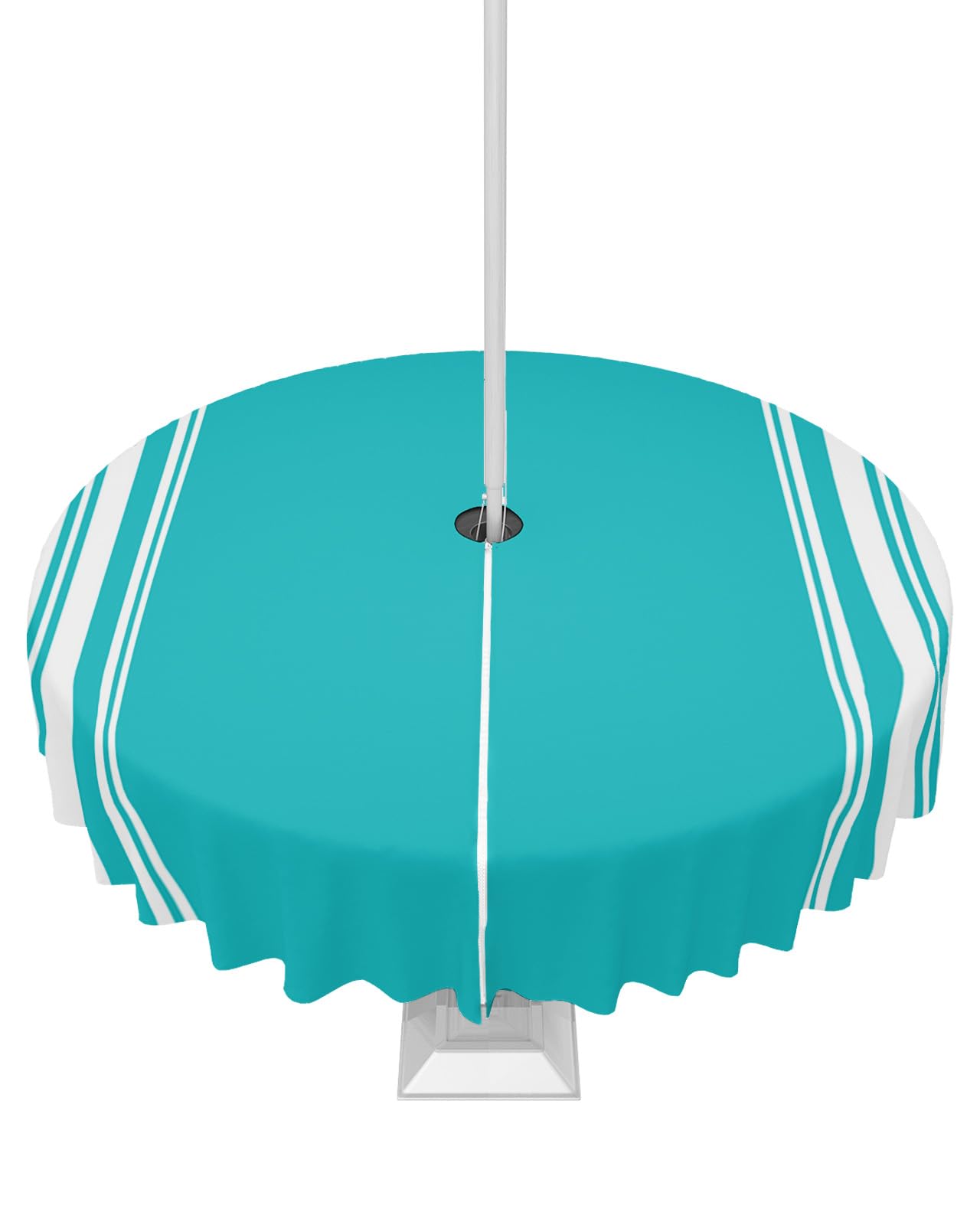 Queenker Outdoor Tablecloth With Umbrella Hole, Farmhouse Aqua White Stripe Round Tables Waterproof Tabletop Collection For Pati