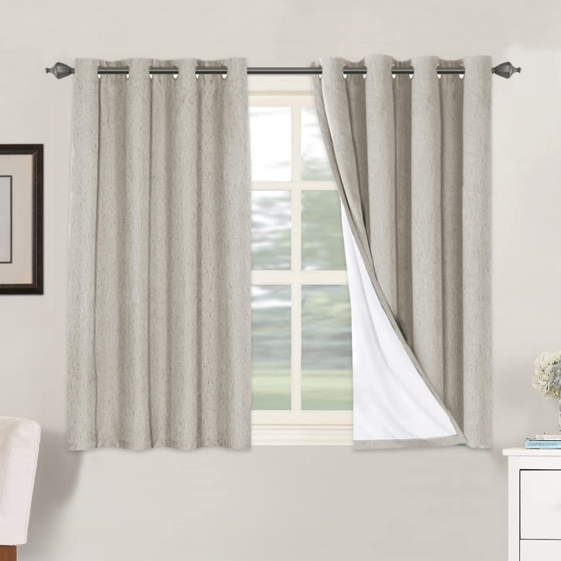 H.VERSAILTEX Linen Blackout Curtains 45 Inches Long 100% Absolutely Blackout Thermal Insulated Textured Linen Look Curtain Drape