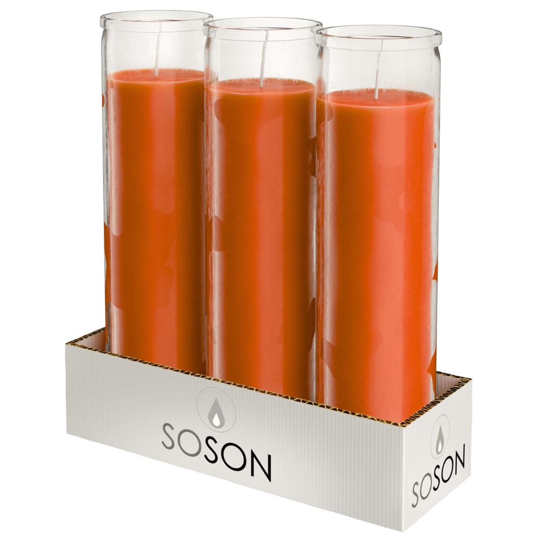 Simply Soson 2x8 inch Orange Devotional Unscented Candles in Glass Jar - 3 Pack - 90 Hours - Prayer Candle - Tall Pillar Candles