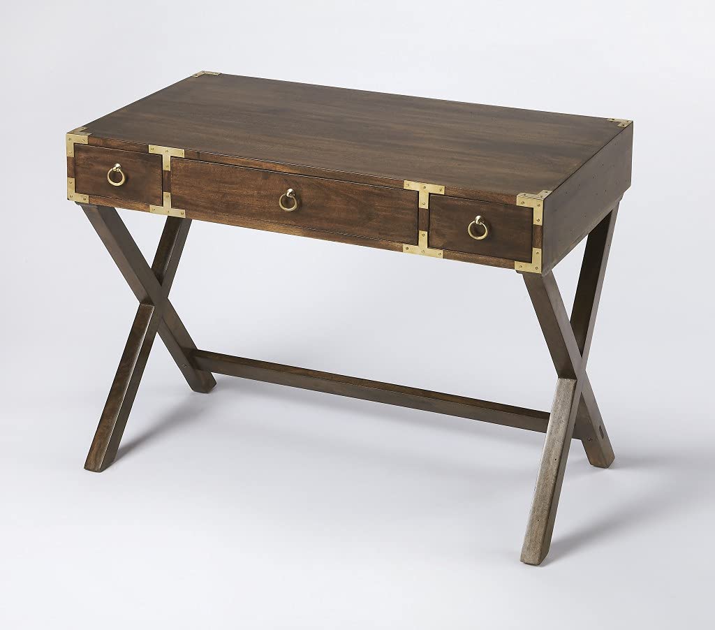 HomeRoots Dark Brown Mango Wood Solids, MDF, Brass Finished Hardware Walnut Brown Writing Desk