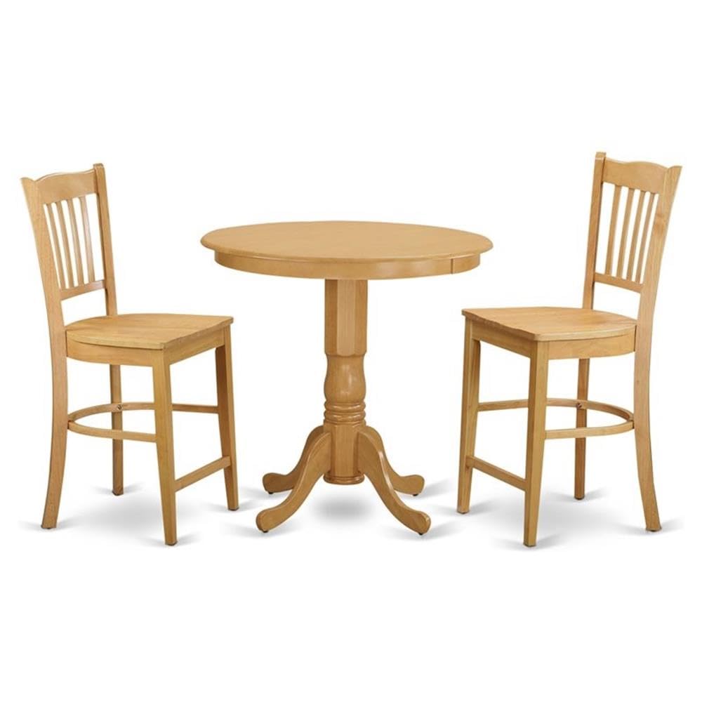 East West Furniture JAGR3-OAK-W 3 Piece Kitchen Counter Height Dining Table Set Contains a Round Wooden Table with Pedestal and 2 Dining Chairs, 36x36 Inch, Oak