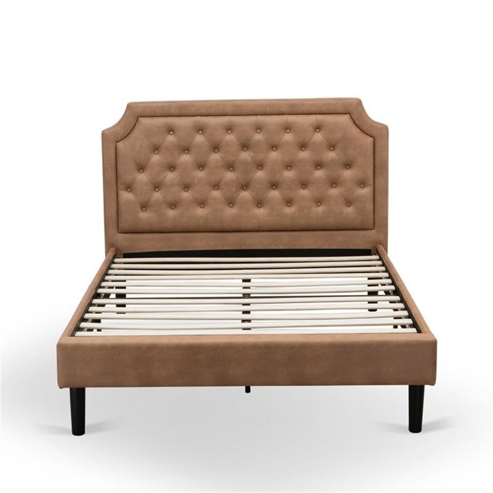 East West Furniture GB28F-1HI0M 2-Piece Platform Full Bed Set with Button Tufted Bed Frame and an Antique Mahogany Mid Century Modern Nightstand - Brown faux Leather with Brown Texture and Black Legs