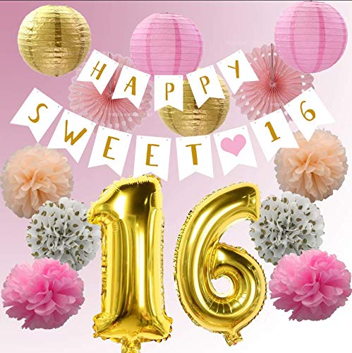 Sweet 16 Birthday Decorations - 16Th Pink Gold Happy B-Day Party Decor Supplies For Girls Sixteen Years