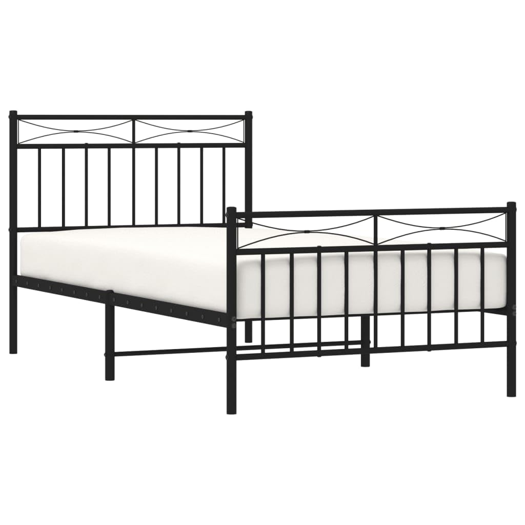 vidaXL Single Bed with Headboard and Footboard - Black Powder Coated Steel Frame with Metal Slats and Under-Bed Storage Space