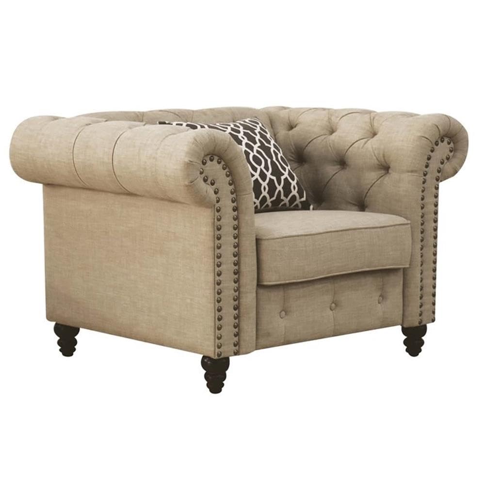 Acme Aurelia Nail-Head Trim Tufted Chair with 1 Pillow in Beige Linen