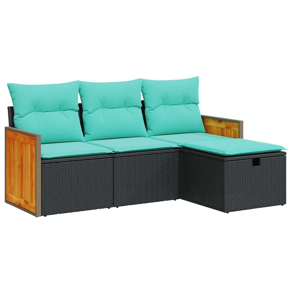 vidaXL 4-Piece Poly Rattan Patio Sofa Set/Garden Seating with Cushions - Modern Black and Blue Design/Poly Rattan Material/Storage Function - Versatile Outdoor/Indoor use