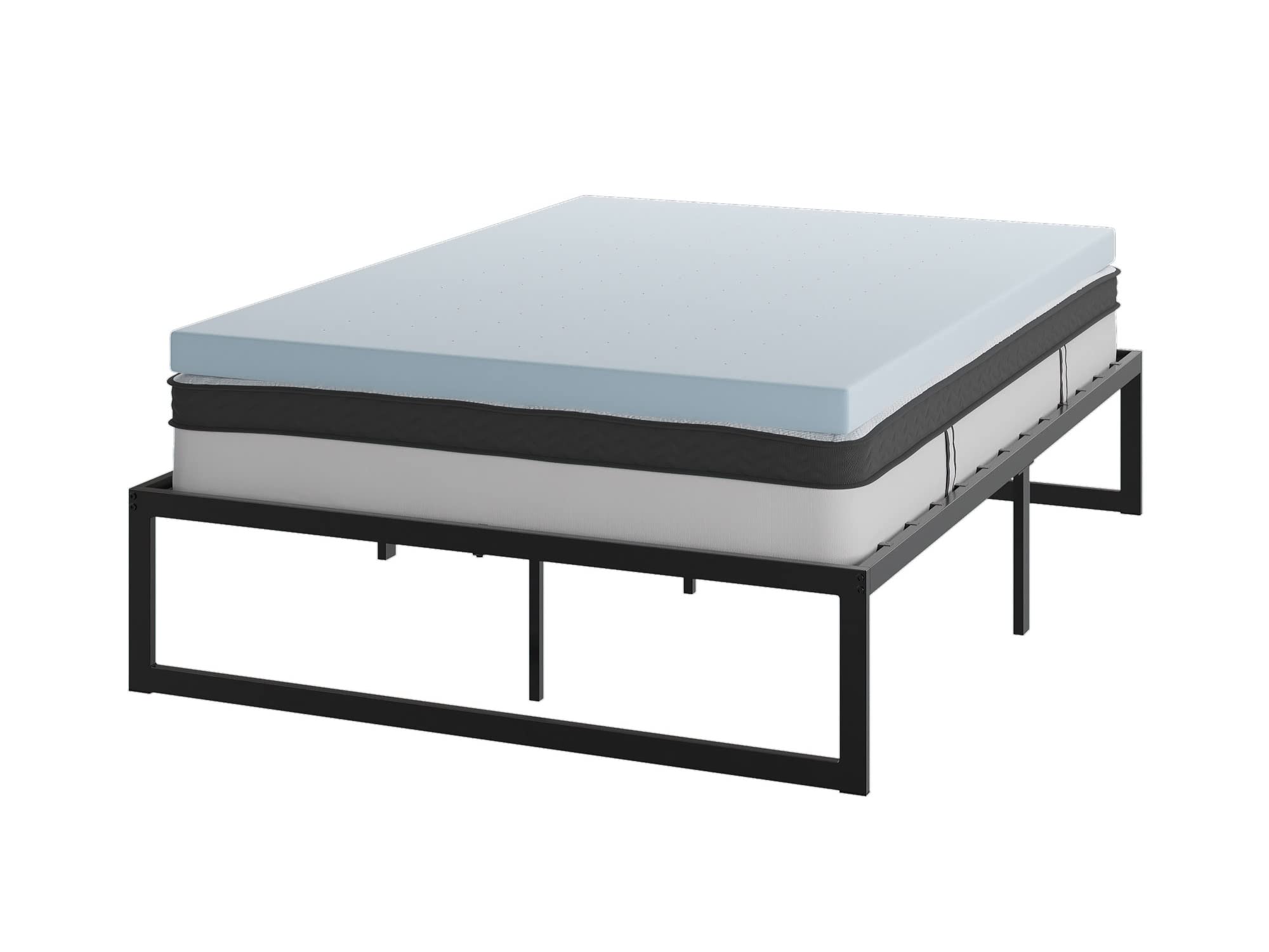 Flash Furniture 14 Inch Metal Platform Bed Frames/Mattress/Topper Set, Full, Black