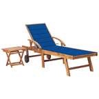 vidaXL Solid Wood Teak Sun Lounger Chaise Lounge Chair with Side Table and Royal Blue Cushion - Wheels, Adjustable Backrest and Footrest for Patio, Garden