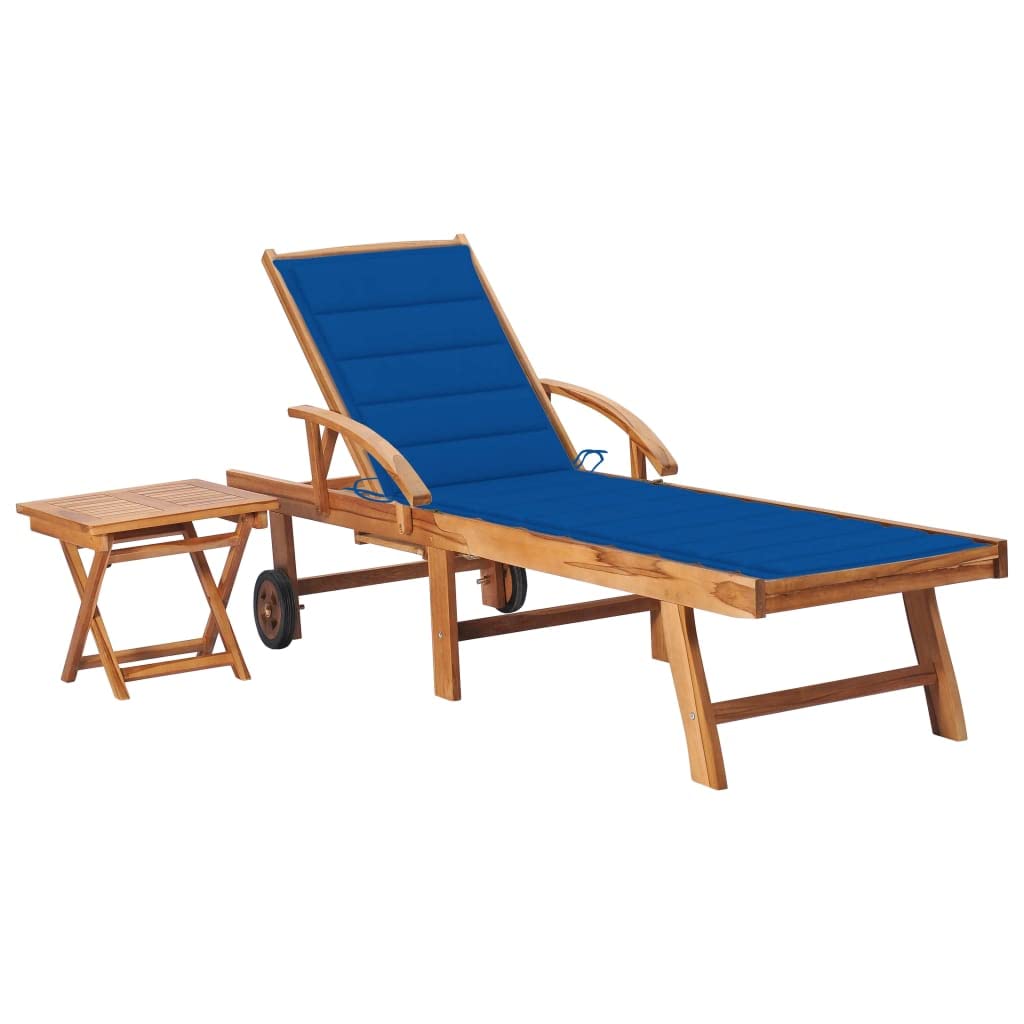 vidaXL Solid Wood Teak Sun Lounger Chaise Lounge Chair with Side Table and Royal Blue Cushion - Wheels, Adjustable Backrest and Footrest for Patio, Garden