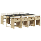 vidaXL Patio Dining Set with Cushions - 9 Piece Beige Poly Rattan, Glass Table, UV Resistant, Foldable Chairs for Outdoor Garden, Backyard, and Deck - Includes Cushions