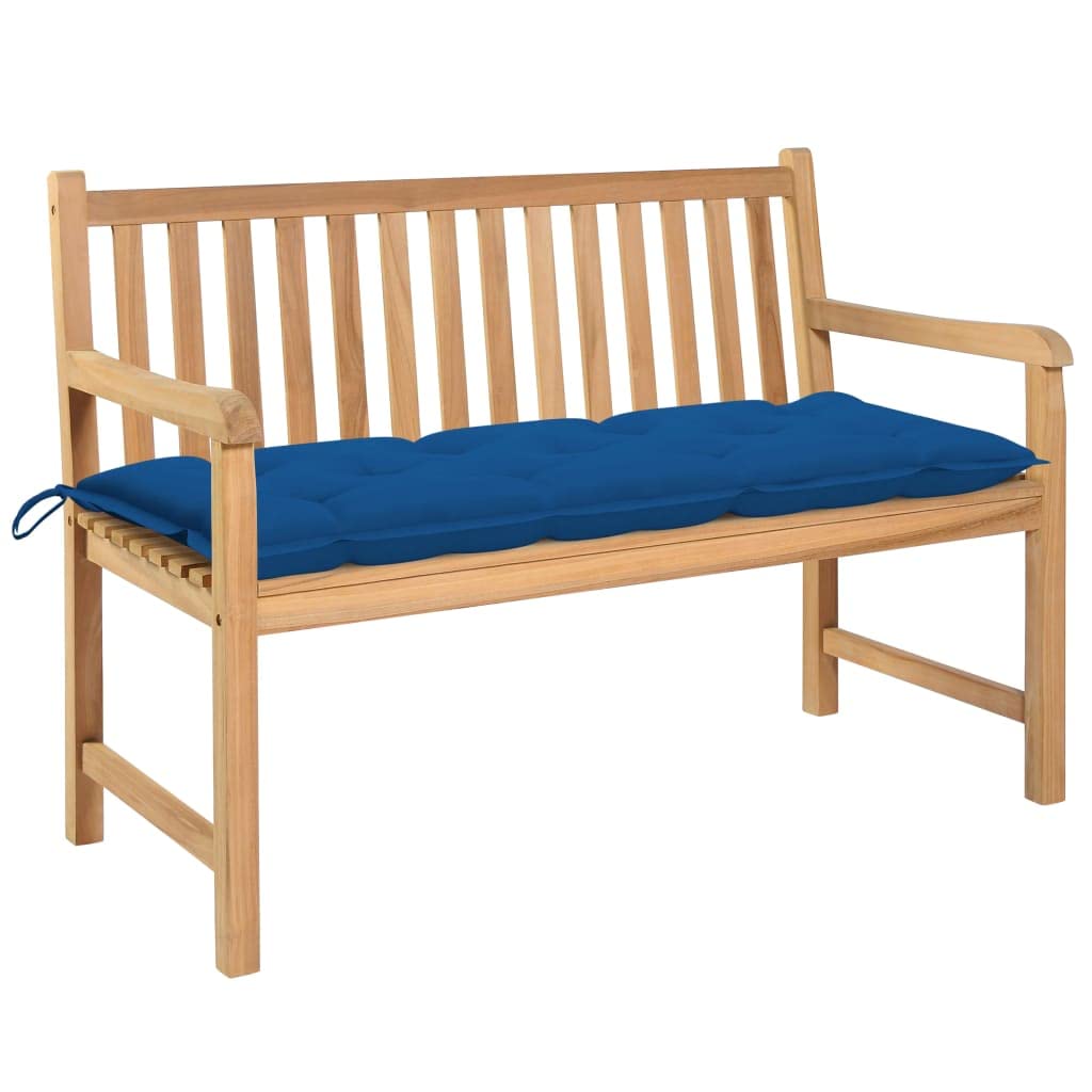 Vidaxl Solid Teak Wood Patio Bench With Blue Cushion Garden Outdoor Porch Home Balcony Backyard Terrace Lounge Seating Wooden Furniture 47.2&quot;