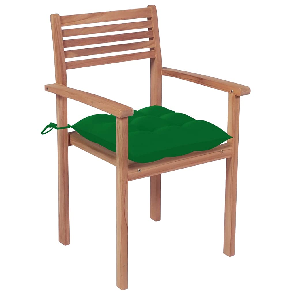 vidaXL Solid Teak Wood Patio Chairs - Durable and Weather-Resistant Outdoor Furniture with Green Cushions, Stackable for Easy Storage - Ideal for Home, Office, Café
