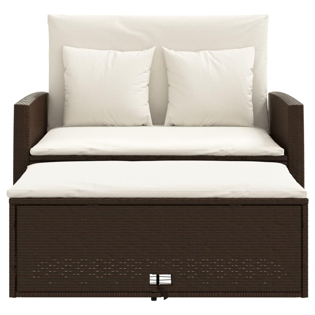 vidaXL Patio Sofa with Cushions - Brown Poly Rattan 2-Seater Outdoor Bench/Bed with Storage and Footstool