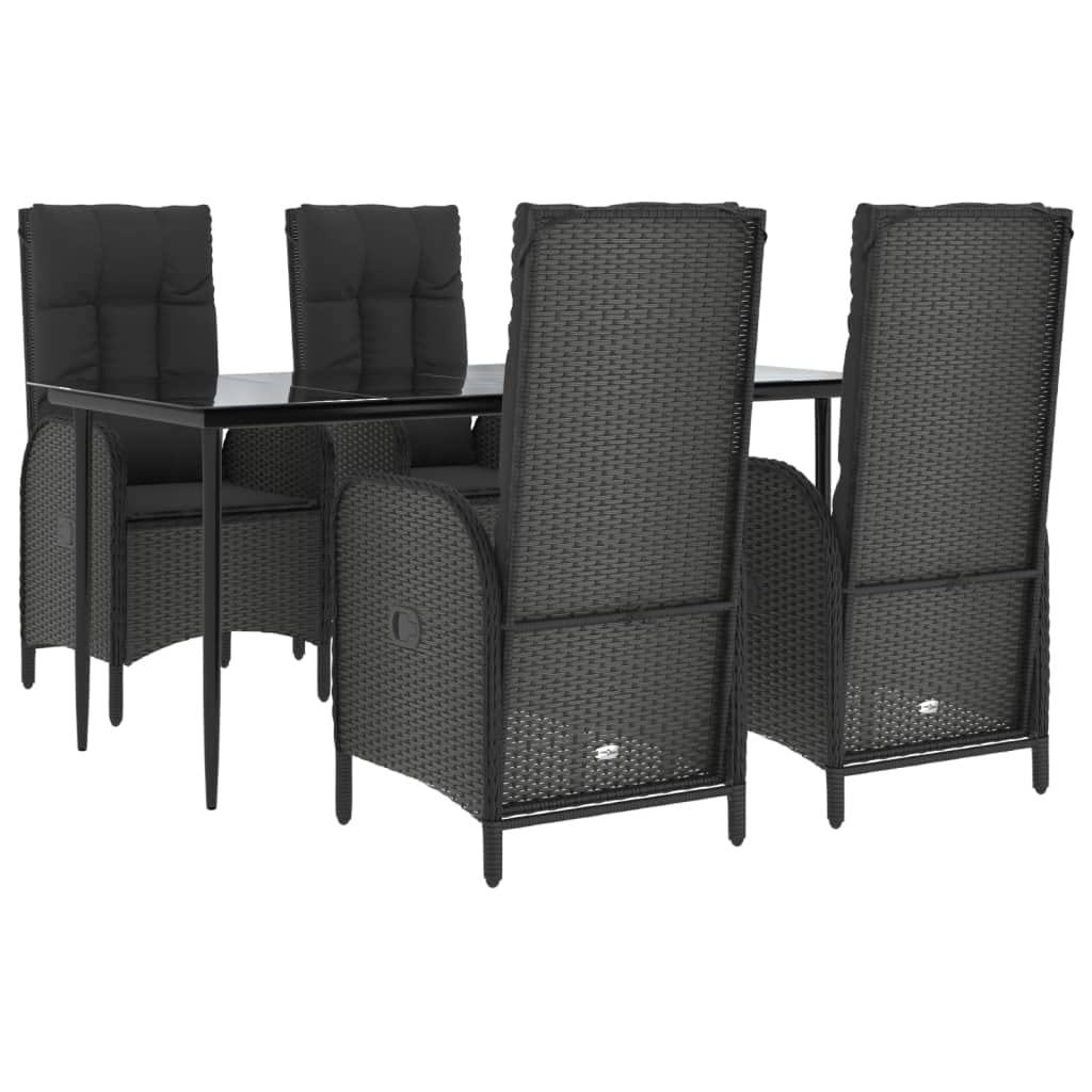 vidaXL 5-Piece Patio Dining Set with Adjustable Reclining Chairs - Black Poly Rattan, Powder-Coated Steel Frame, Tempered Glass 