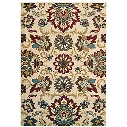 HomeRoots Polypropylene 5’x7’ Ivory and Red Floral Vines Area Rug