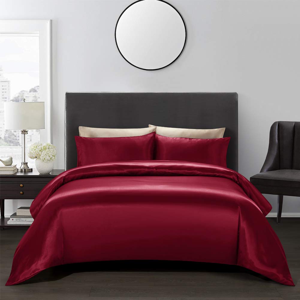 Aimay 3 Piece Satin Duvet Cover Set Bedding Sets Queen Burgundy 1800 Series Luxury Rich Silk Silky Super Soft Solid Color Revers