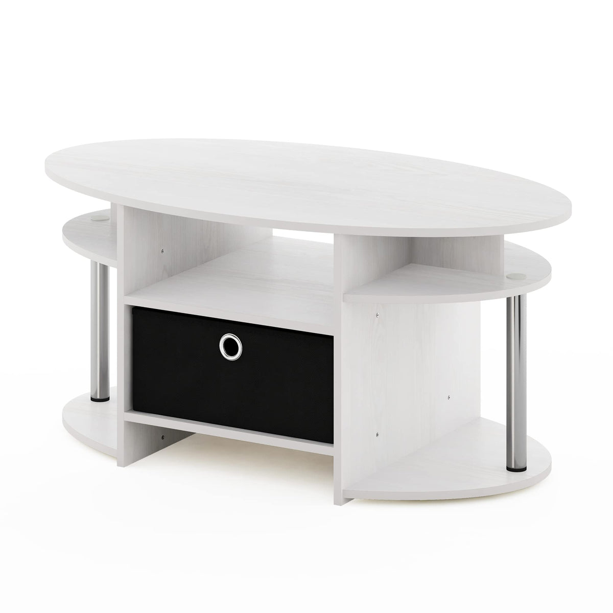 Furinno Jaya Simple Design Oval Coffee Table With Bin For Living Room, White Oak/Chrome/Black