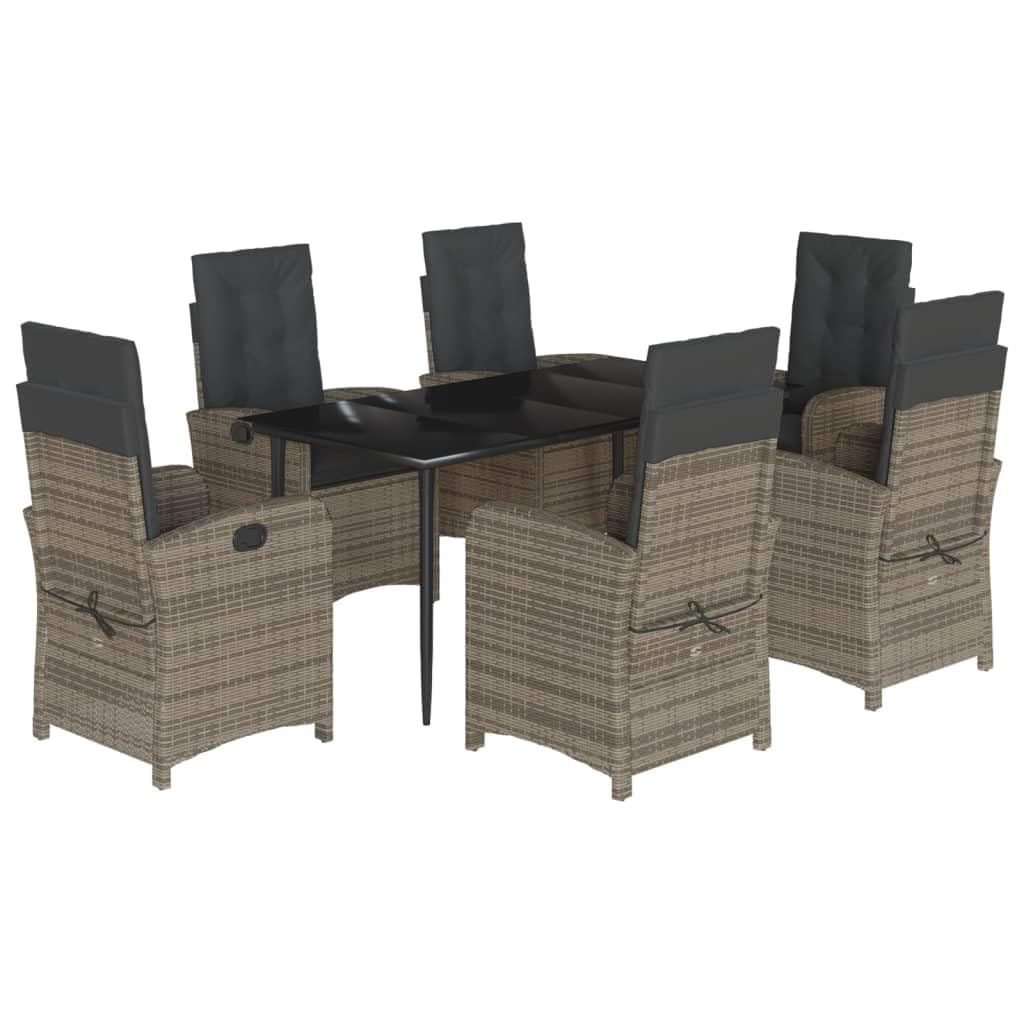 vidaXL 7 Piece Patio Dining Set - Cushions, Tempered Glass Tabletop, Adjustable Reclining Chairs, Gray Poly Rattan for Garden, B