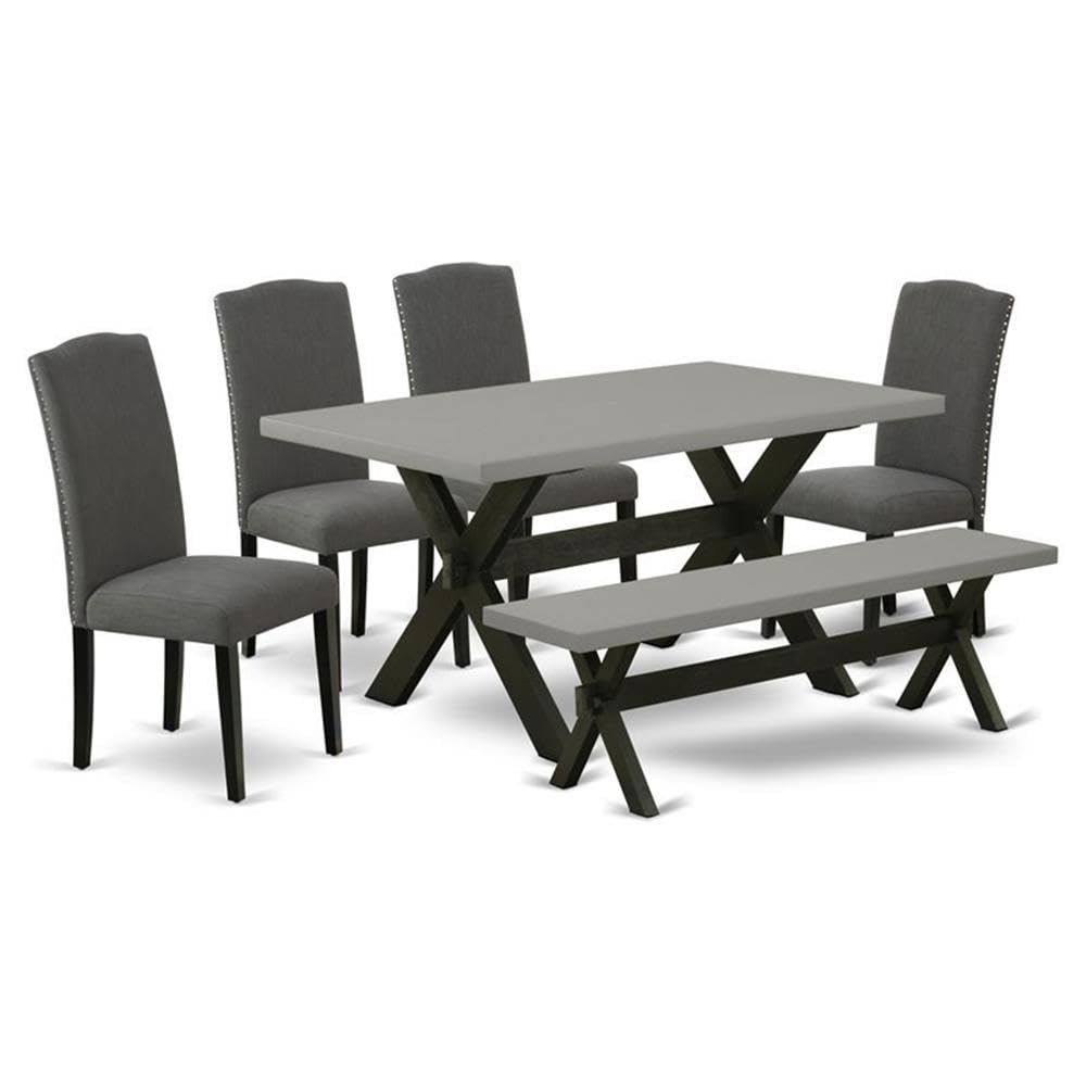 East West Furniture X696En120-6 6 Piece Dining Table Set Contains A Rectangle Kitchen Table With X-Legs And 4 Dark Gotham Linen Fabric Parson Chairs With A Bench, 36X60 Inch, Multi-Color
