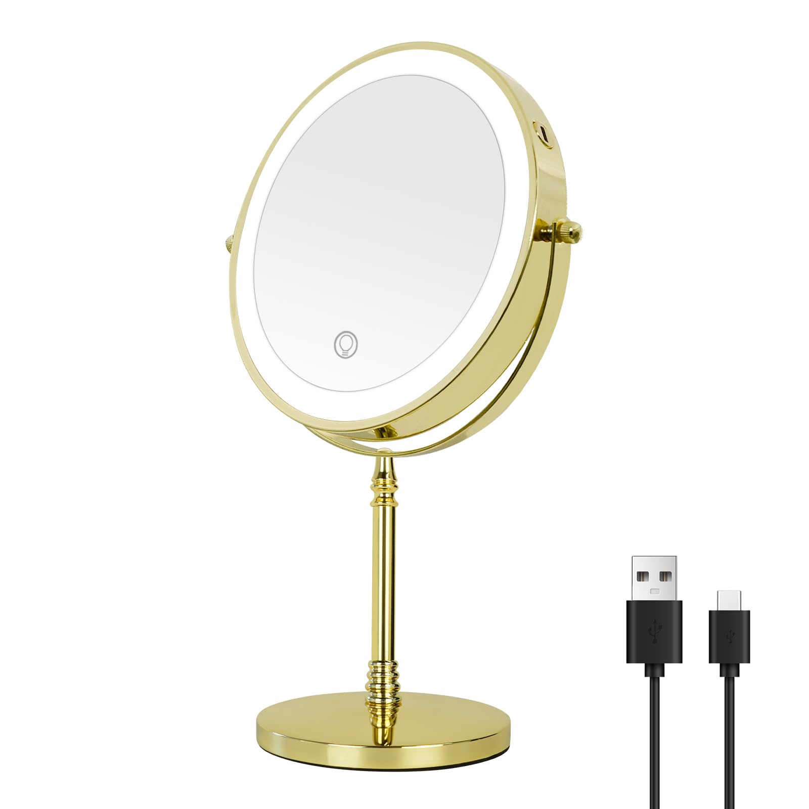 DOWRY Rechargeable Lighted Makeup Mirror 10x Magnification Vanity Mirror Tabletop Two-Sided Swivel Gold Finish
