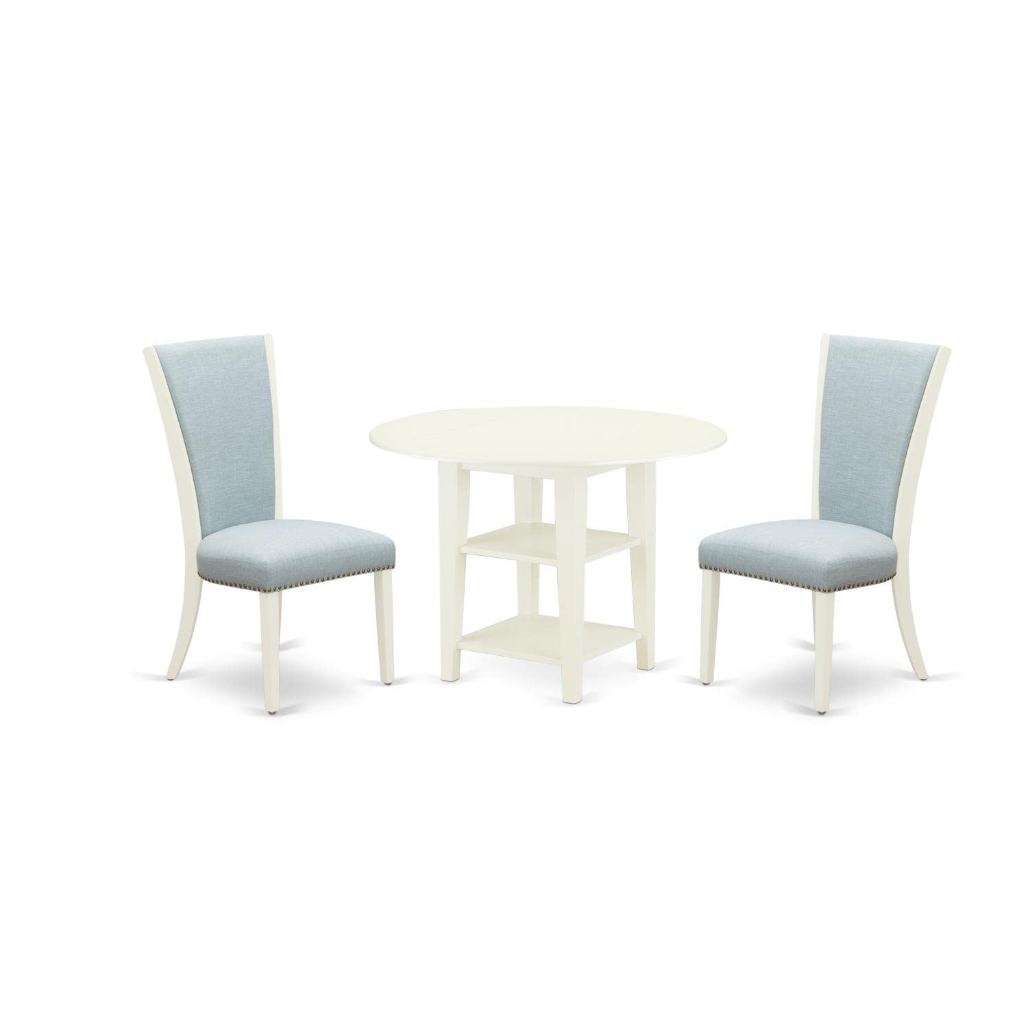 East West Furniture Suve3-Lwh-15 3 Piece Dining Table Set Contains A Round Kitchen Table With Dropleaf & Shelves And 2 Baby Blue Linen Fabric Upholstered Chairs, 42X42 Inch, Linen White