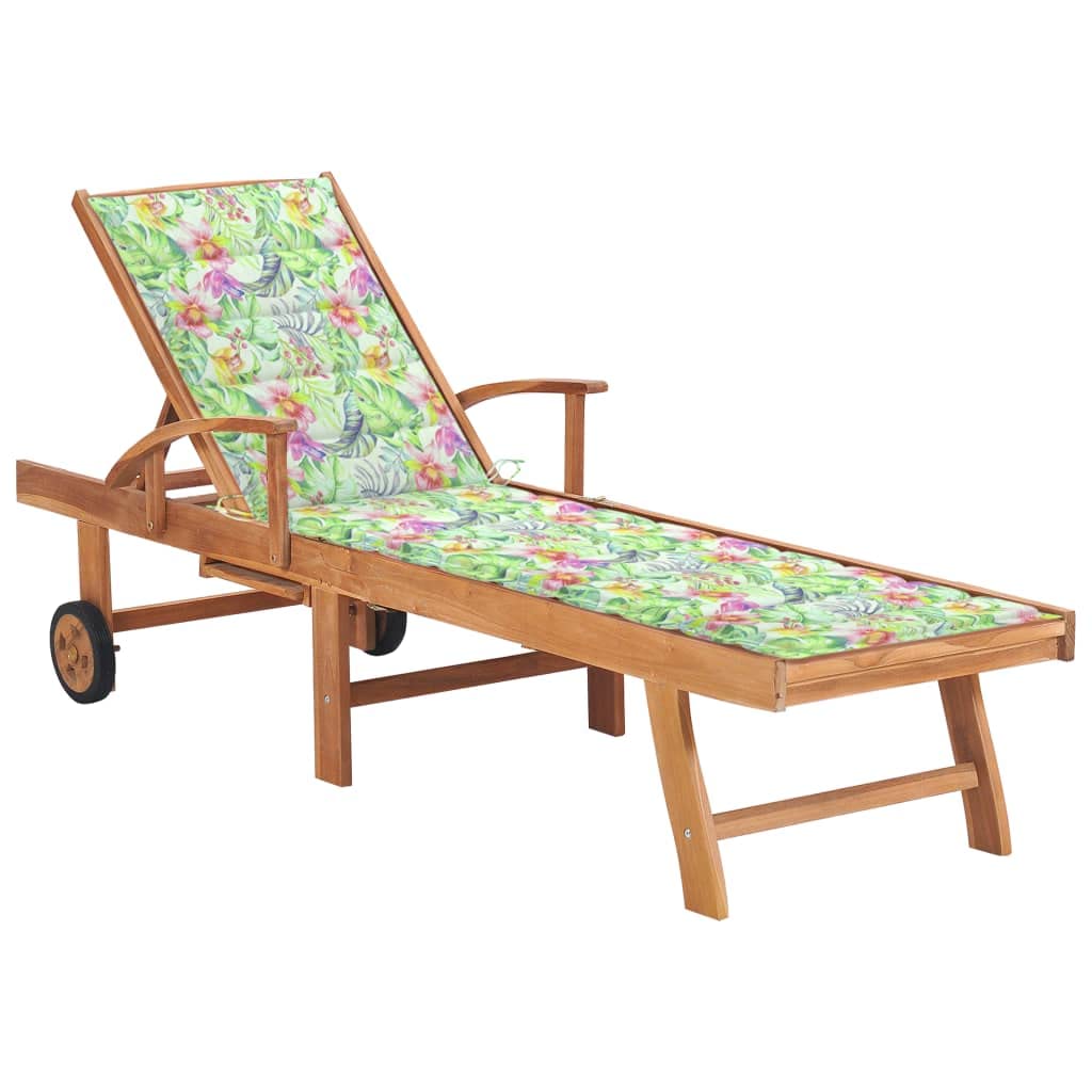 Vidaxl Solid Teak Wood Sun Lounger With Leaf Pattern Cushion - Adjustable Backrest, Mobile Outdoor Daybed With 2 Wheels - Rustic Charm Furniture For Garden Patio