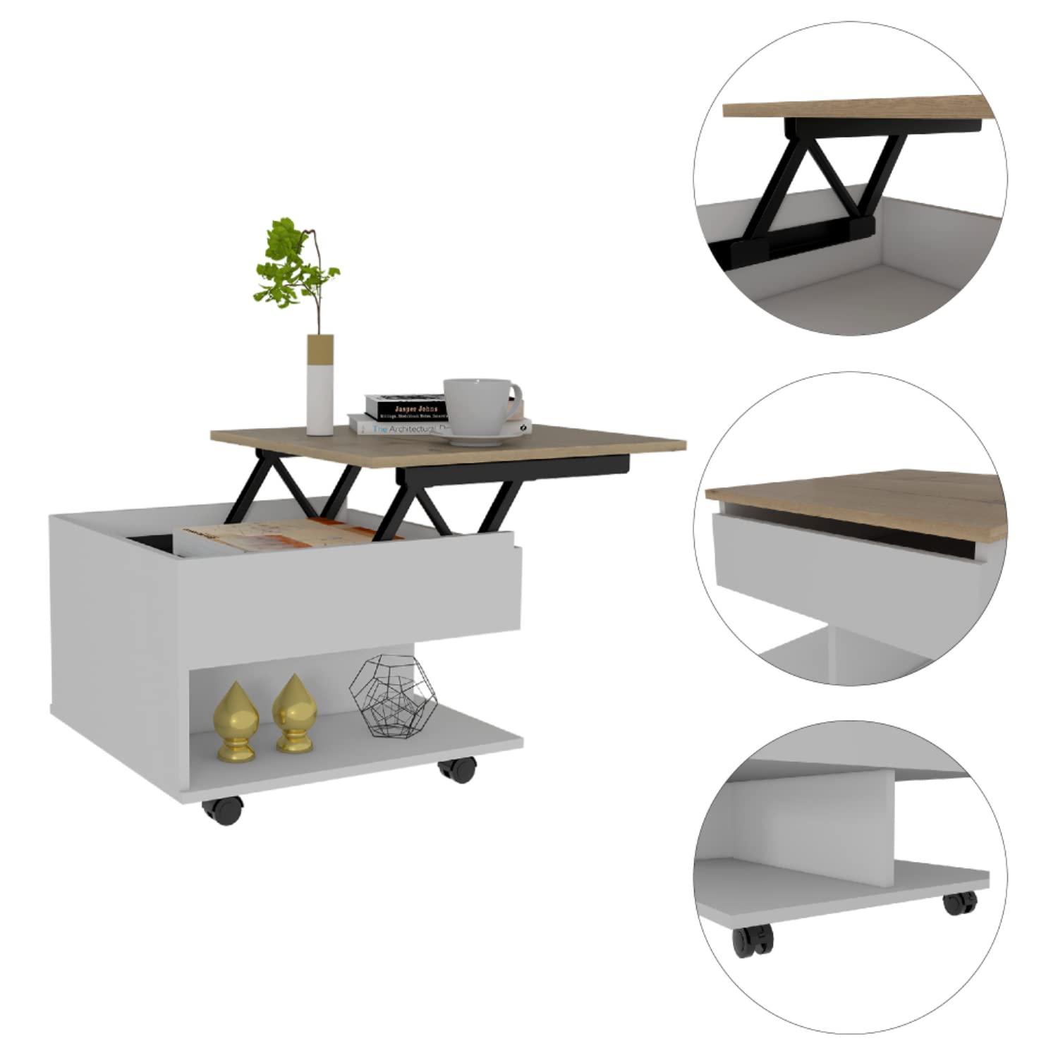 Babel 22-inch Wide Lift Top Coffee Table with Caster Wheels and 1 Shelf, White/Light Oak