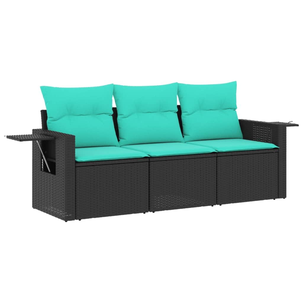 vidaXL Patio Sofa Set with Cushions - 3 Piece Black Poly Rattan Outdoor Furniture with Storage, Folding Side Table, Removable Cushion Covers - Ideal for Garden, Terrace, Backyard