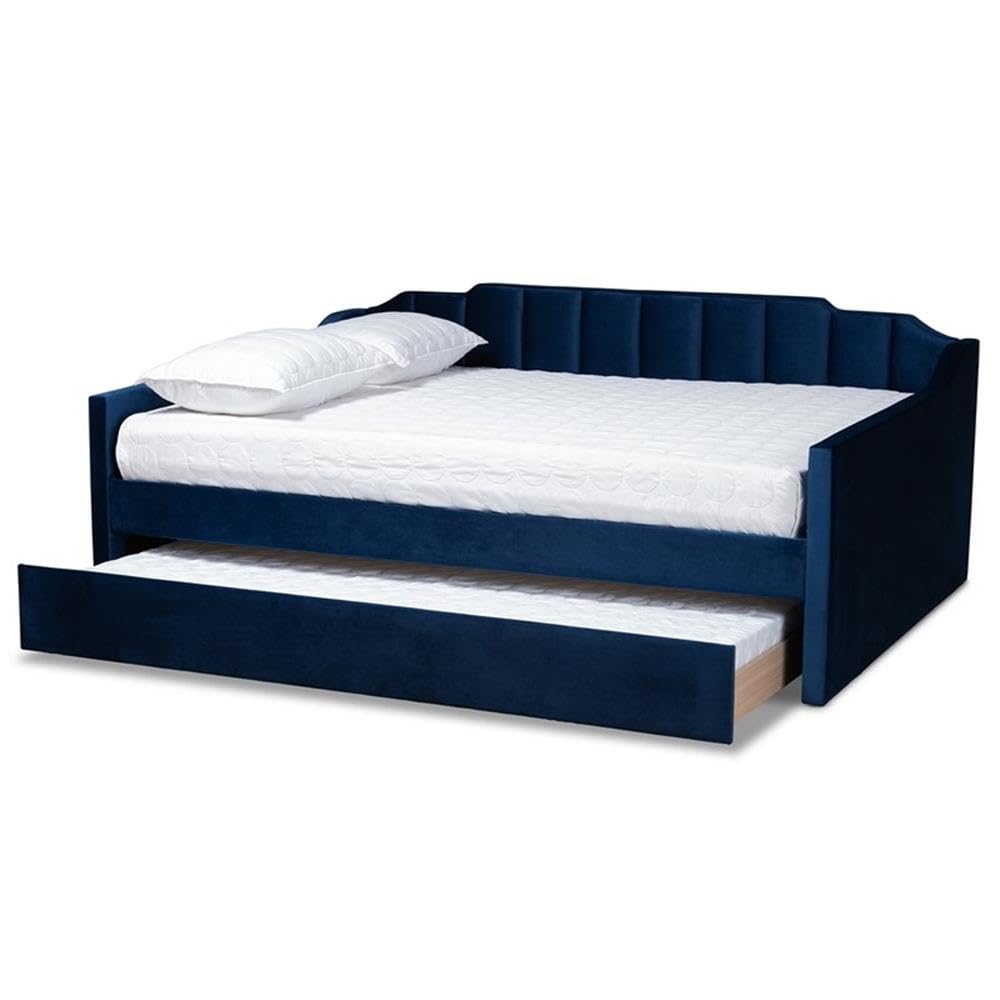 Baxton Studio Lennon Modern and Contemporary Navy Blue Velvet Fabric Upholstered Full Size Daybed with Trundle