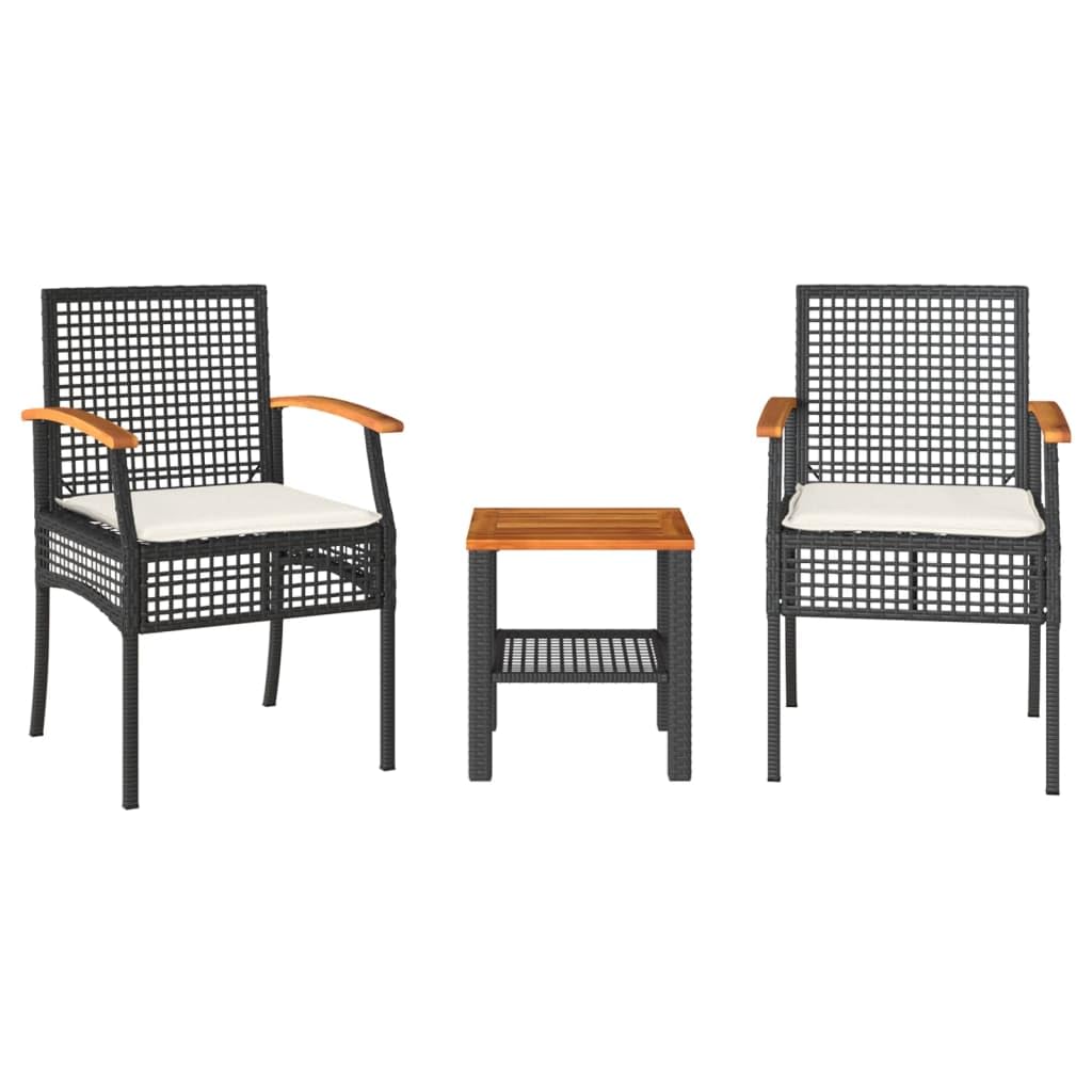 vidaXL Outdoor Bistro Set 3 Piece with Cushions - Poly Rattan & Acacia Wood - Patio/Garden Furniture - Black/Brown - 15.7"x15.7"x16.5" Table - 21.3"x22.4"x33.5" Chair
