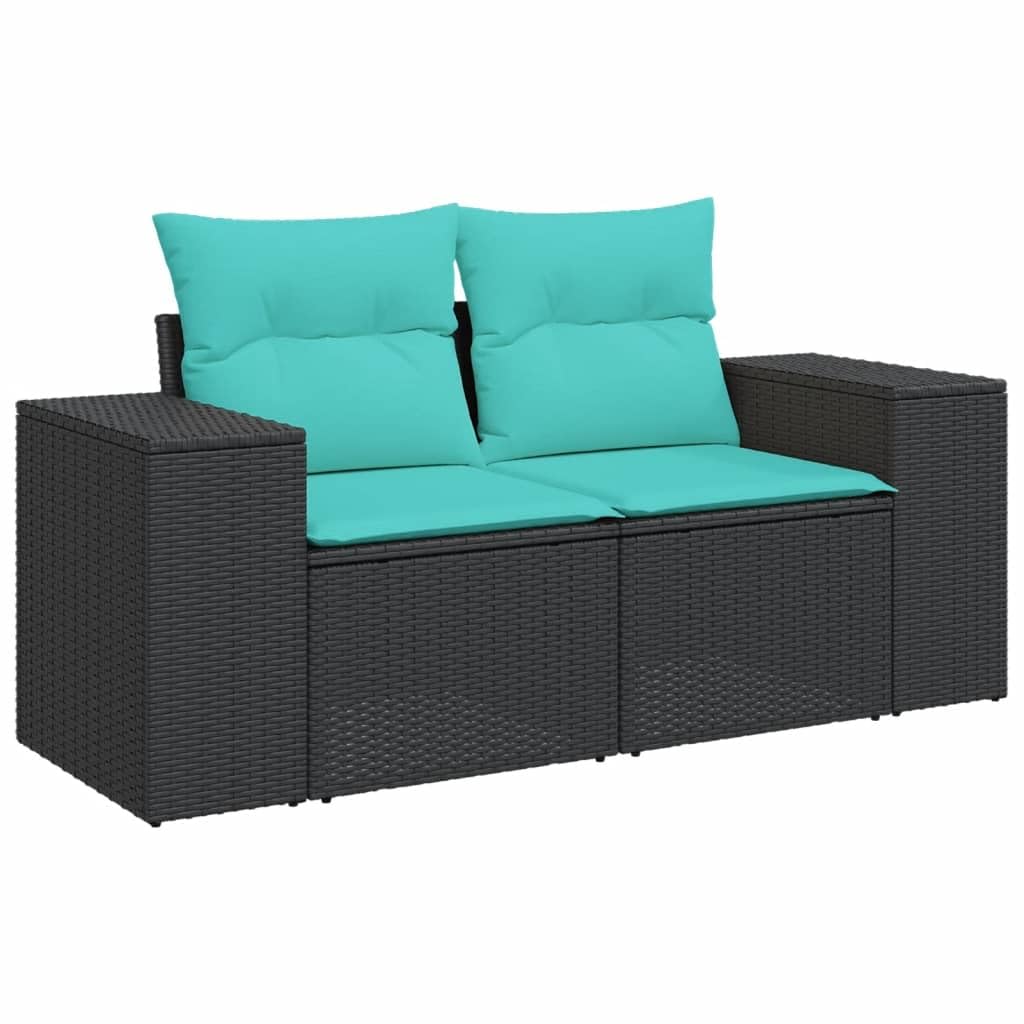 vidaXL Patio Sofa with Cushions - 2-Seater Outdoor Loveseat, Black Poly Rattan, with Storage, Removable Covers, Comfortable Seating for Garden/Deck