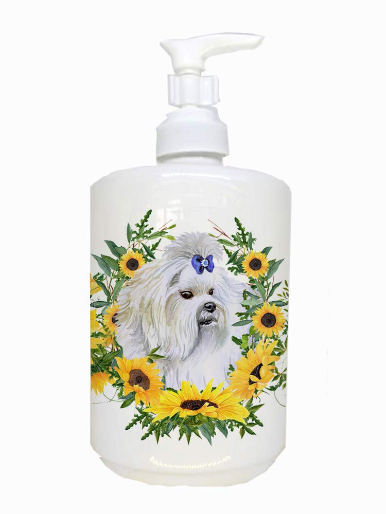 Caroline's Treasures CK2843SOAP Maltese in Sunflowers Ceramic Soap Dispenser Hand Soap Dispenser Pump Bottles for Bathroom Kitch