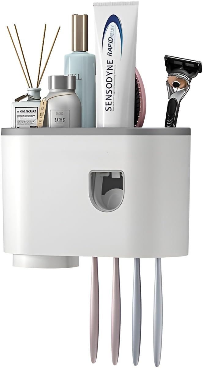 HVG TRADERS Toothbrush Holder Wall Mounted, Automatic Toothpaste Dispenser Squeezer Kit with Holders for Bathroom Shelf Magnetic