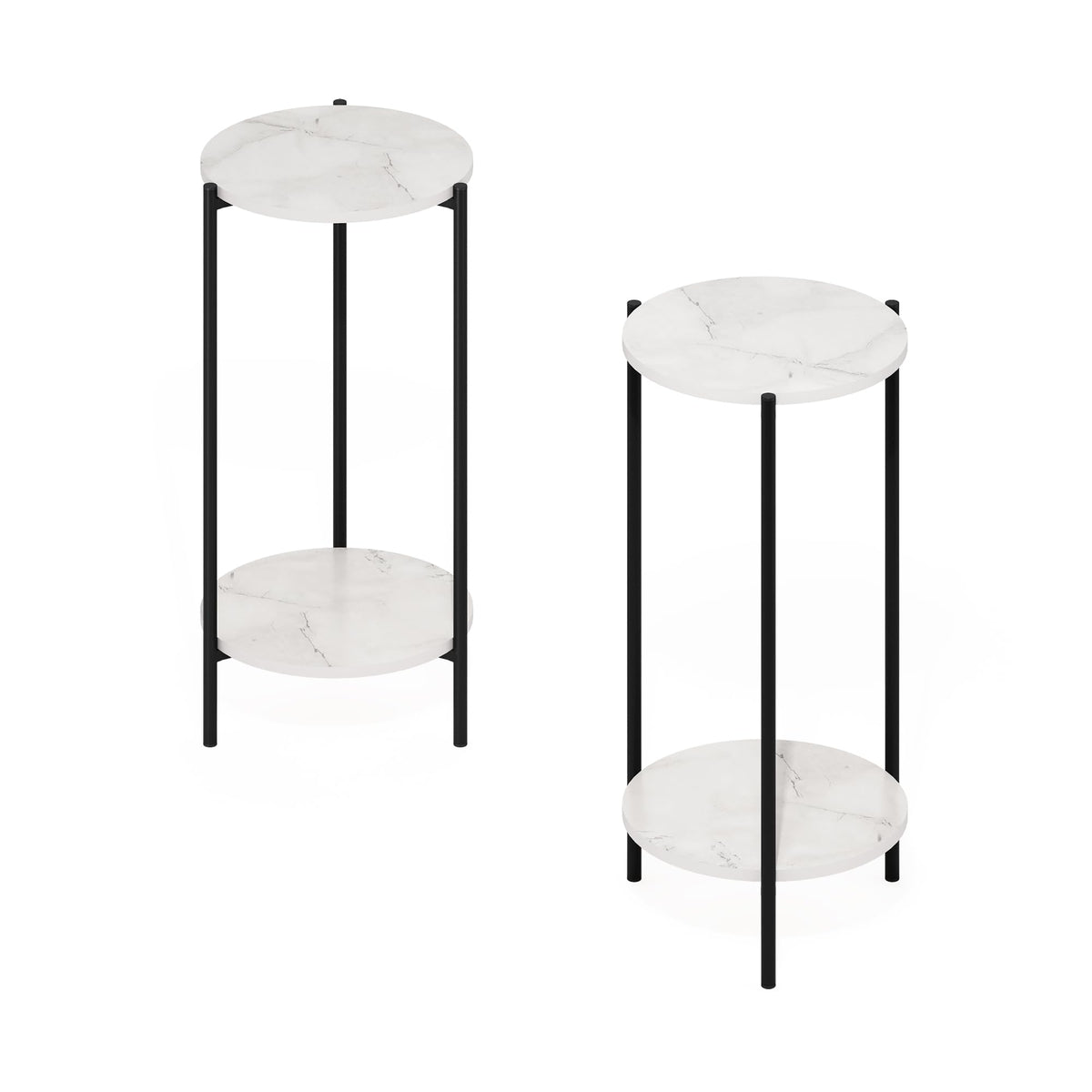 Furinno Besi 2-Tier Modern Tall Round Side End Table With Sturdy Metal Legs, Marble White, Set Of 2