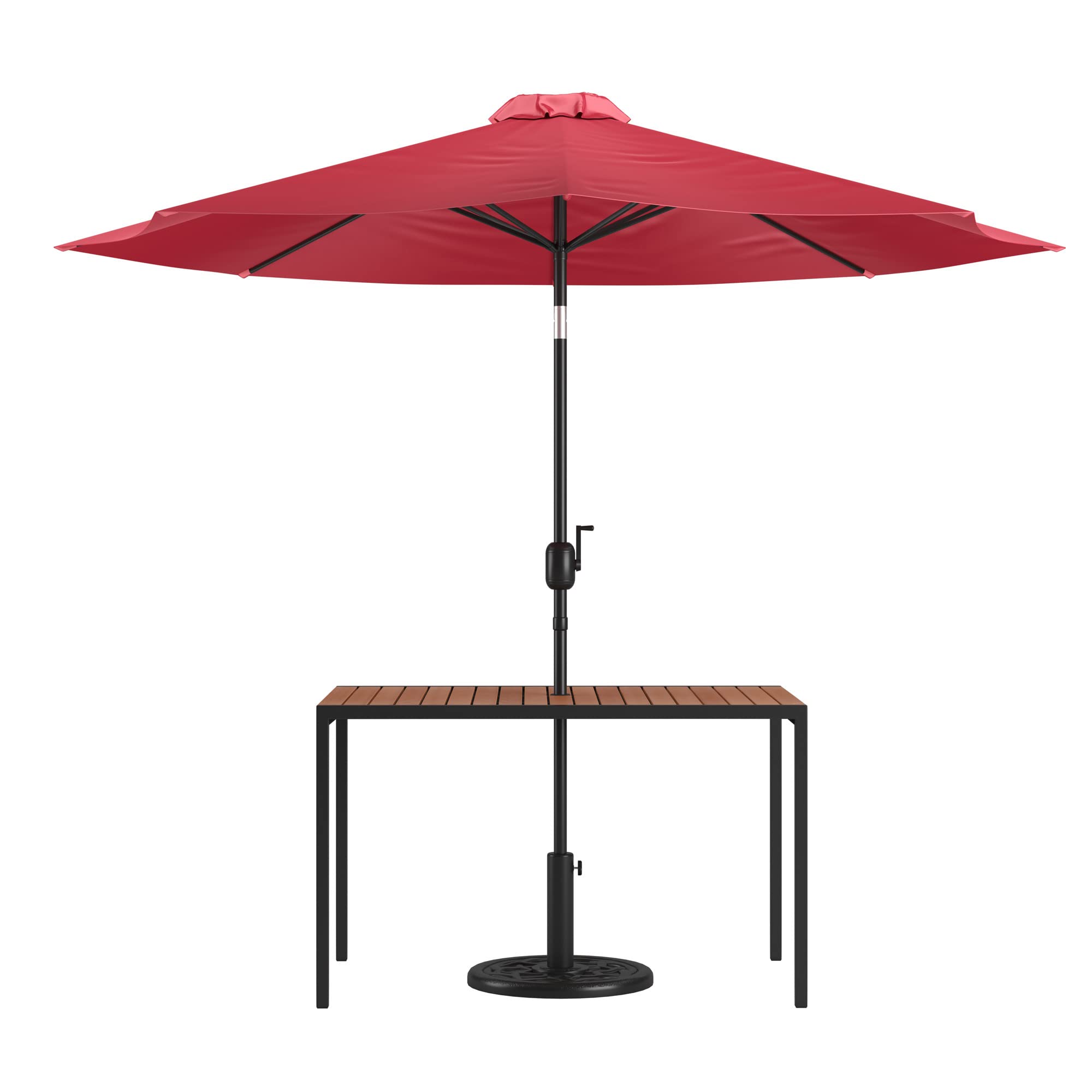 Flash Furniture Lark 3 Piece Outdoor Patio Table Set - Natural Faux Teak Dining Table - 30" x 48" Synthetic Teak Patio Table with Red Umbrella and Base