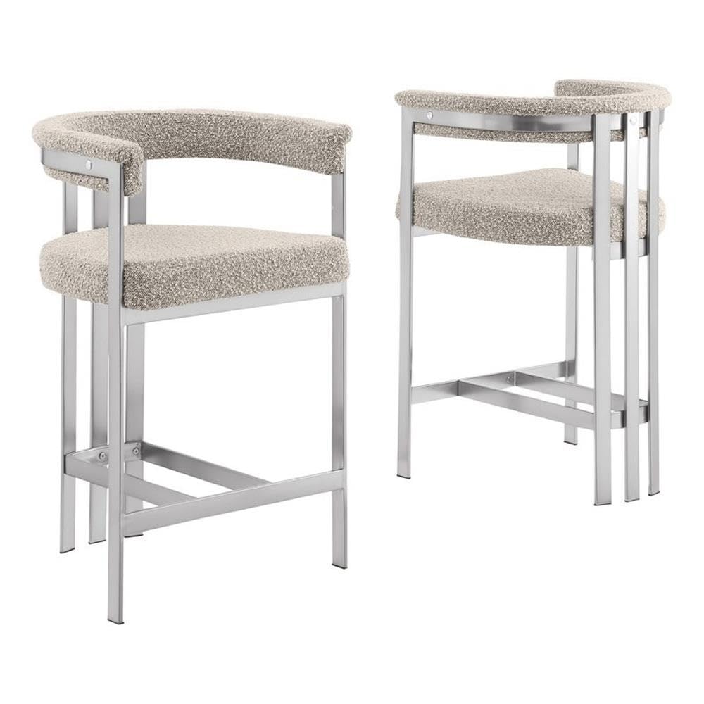 Best Quality Furniture Modern Upholstered Counter Height Stool With Gray Boucle Fabric – Matte Brushed Chrome Legs In Silver – Versatile Living Room & Dining Room Seating – Set Of 2