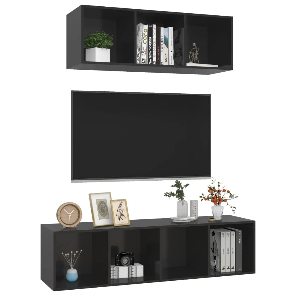 vidaXL High Gloss Black 2 Piece TV Stand Set with Ample Storage, Wall-Mounted Design, Ideal for Displaying Items and Easy to Clean, Made of Engineered Wood
