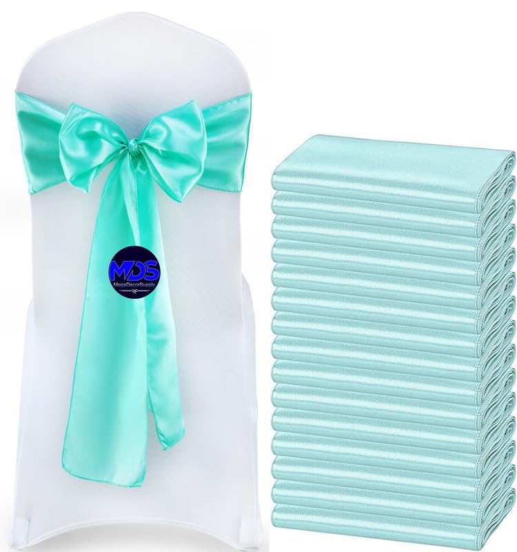 Mds Pack Of 125 Pcs Satin Chair Sashes Charmeuse Sateen Dining Chair Bows Ribbon Ties Back Sash For Wedding Party Birthday Home Hotel Restaurant Banquet Decoration (7 X 108 Inch, Sea Green)