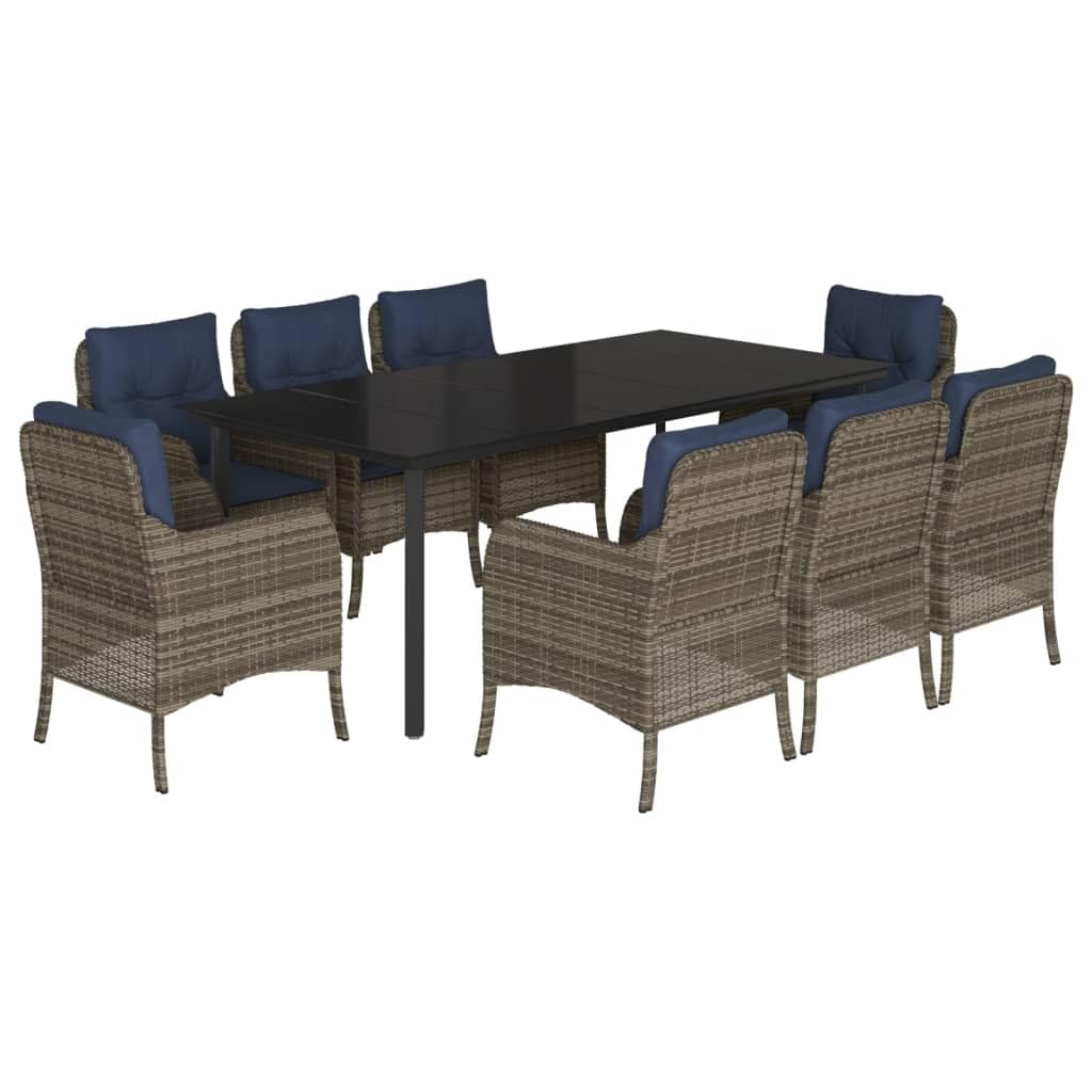 vidaXL 9-Piece Patio Dining Set - Gray PE Rattan, Navy Cushions, Powder-Coated Steel Frame, Tempered Glass Table, Garden/Outdoor/Backyard Furniture