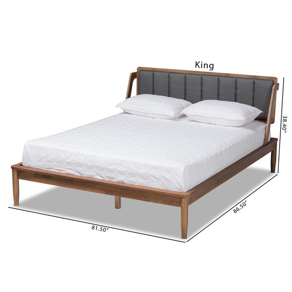 Baxton Studio Helsa Mid-Century Modern Dark Grey Fabric Upholstered and Walnut Finished Queen Size Platform Bed