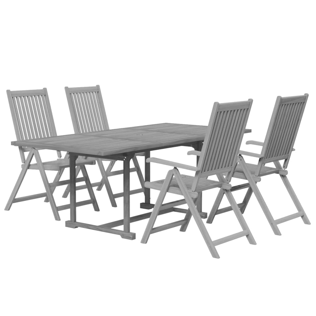 vidaXL 5 Piece Patio Dining Set in Solid Acacia Wood with Gray Wash, Extendable Table, 5-Position Reclining and Foldable Chairs, Weather-Resistant for Outdoor Use