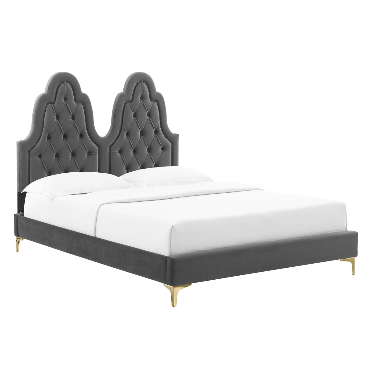 Modway Alexandria Tufted Performance Velvet Platform Bed with Gold Legs, Twin, Charcoal