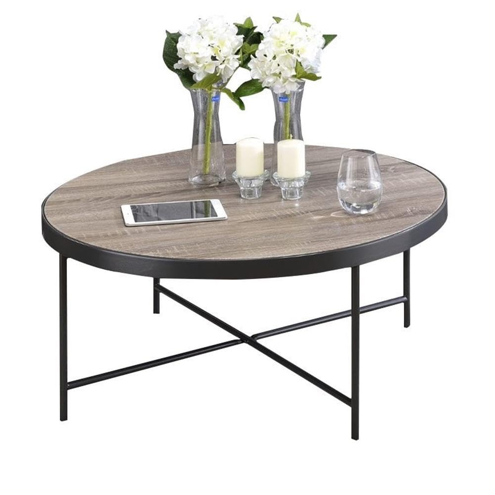 Acme Bage Round Wood Top Coffee Table In Weathered Gray Oak