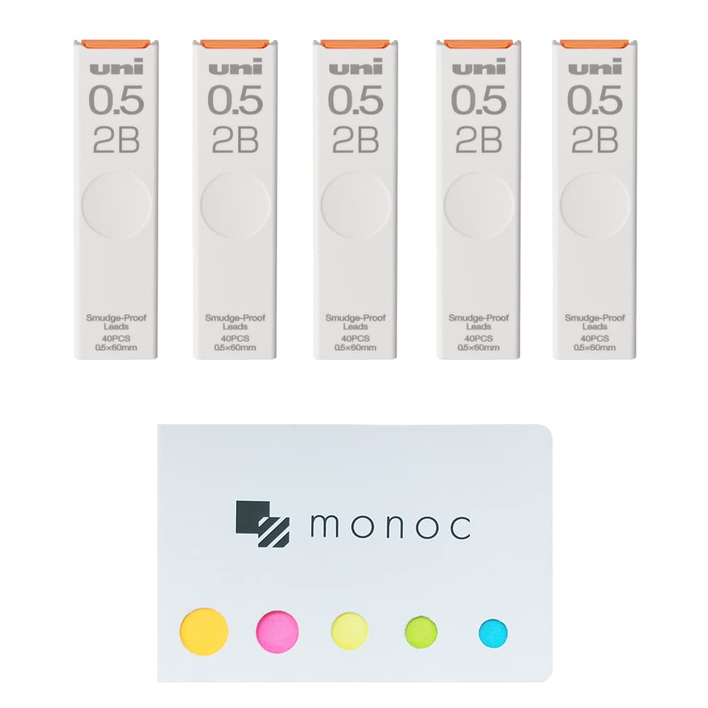 Uni Pencil Lead,'The Uni' Smudge-Proof Leads, 0.5Mm 2B, 5 Pack &'Monoc' Sticky Note(Japan Import)