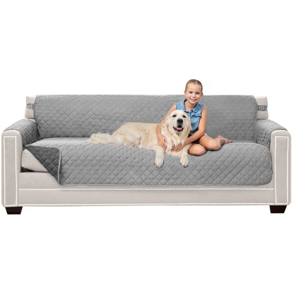 Sofa Shield Couch Slip Cover With Patented Strap, Cushion Protector, Reversible Stain And Dog Tear Resistant Slipcover, Quilted Microfiber 78” Seat, Washable Covers For Dogs Pets Kids Lt Gray Charcoal