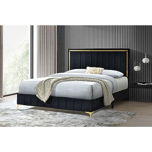 Better Home Products Gold Trim Velvet Platform Bed With Wooden Frame Black