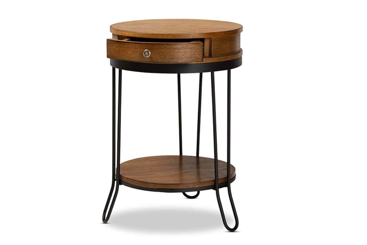 Baxton Studio Brown Finished Wood and Black Finished 1-Drawer Metal End Table
