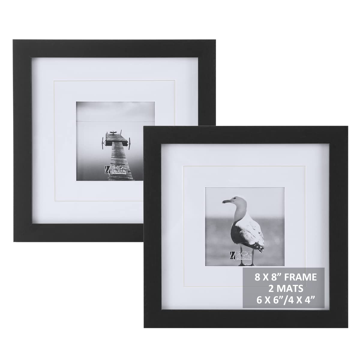 UMICAL 8x8 Picture Frames Set of 2 Display 6x6 or 4x4 Pictures with Mat or 8x8 Pictures without Mat Square Wood Black Photo Fram