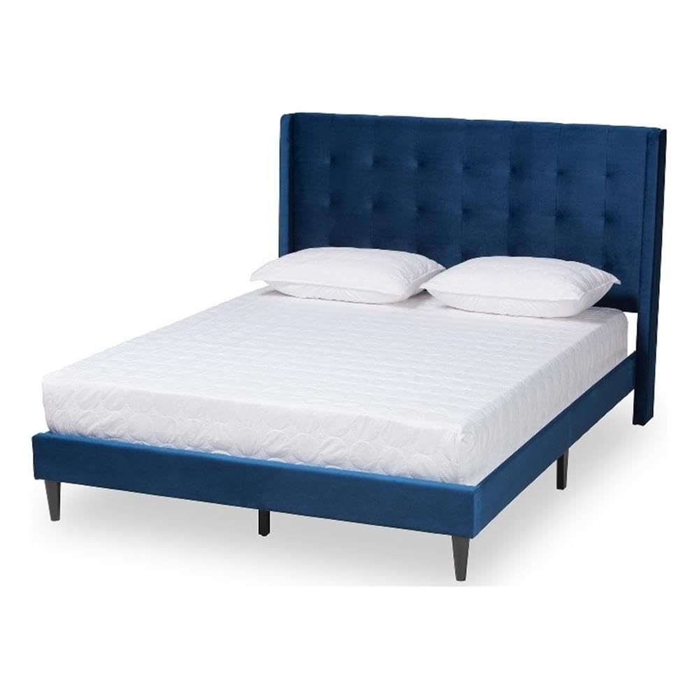 Baxton Studio Gothard Modern And Contemporary Navy Blue Velvet Fabric Upholstered And Dark Brown Finished Wood Queen Size Platform Bed