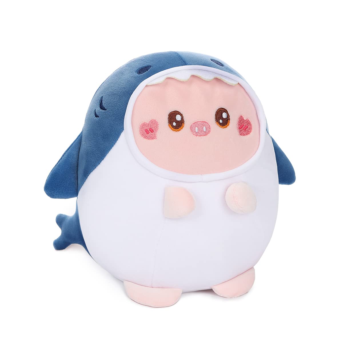 AIXINI Cute Pig Shark Plush Pillow 8' Piggy Shark Stuffed Animal, Soft Kawaii Pink Pig Plushie with Blue Shark Outfit Costume G